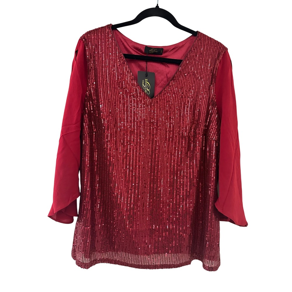 Dressystar Womens XXL Red Sequin V-Neck Blouse Split Chiffon Sleeve Holiday